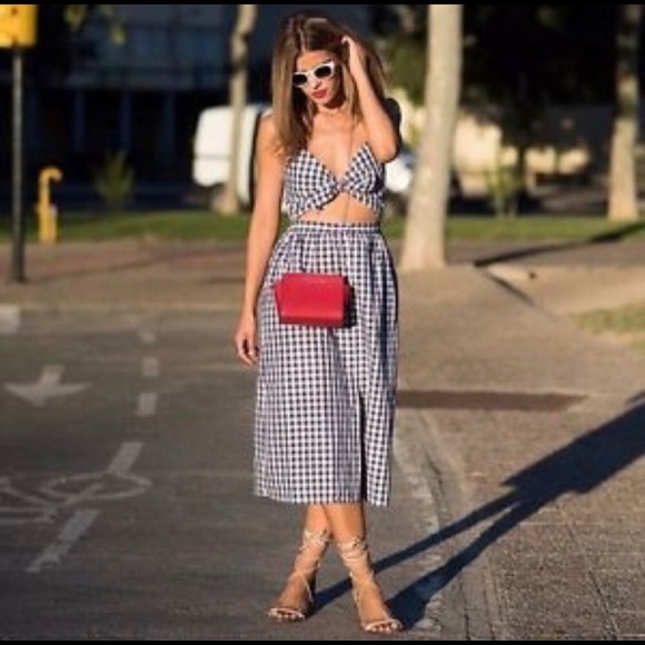 ZARA Navy Gingham Checked Cutout Midi Dress - Picture 7 of 7